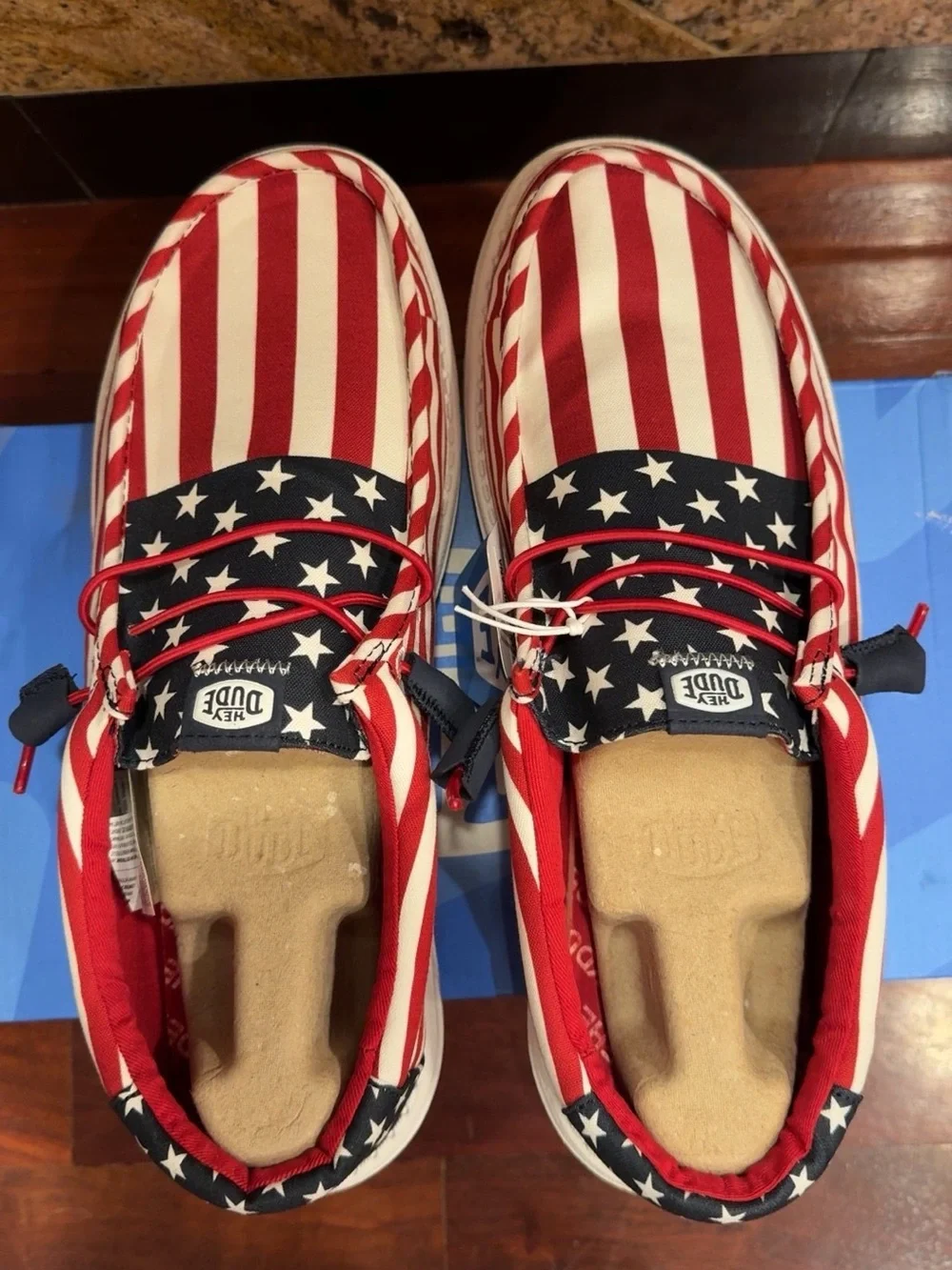 Hey Dude Mens Slip-On Sneakers in Red, White & Blue Stars & Stripes